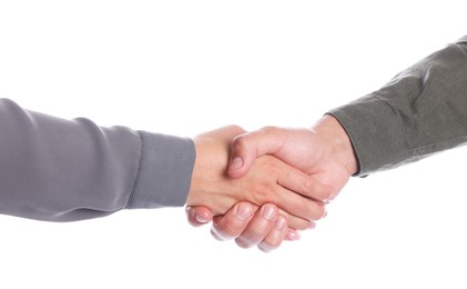 Photo of Woman and man shaking hands on white background, closeup