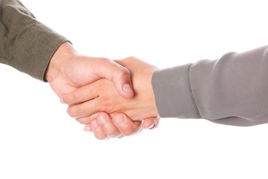 Photo of Woman and man shaking hands on white background, closeup