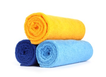 Photo of Stack of bright terry towels isolated on white