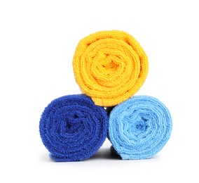 Photo of Stack of bright terry towels isolated on white