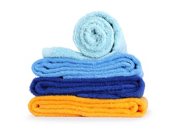 Photo of Stack of bright terry towels isolated on white