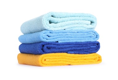 Photo of Stack of bright terry towels isolated on white