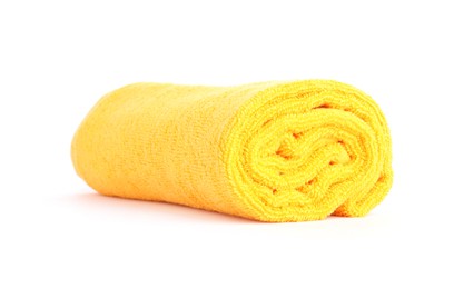 Photo of One yellow terry towel isolated on white