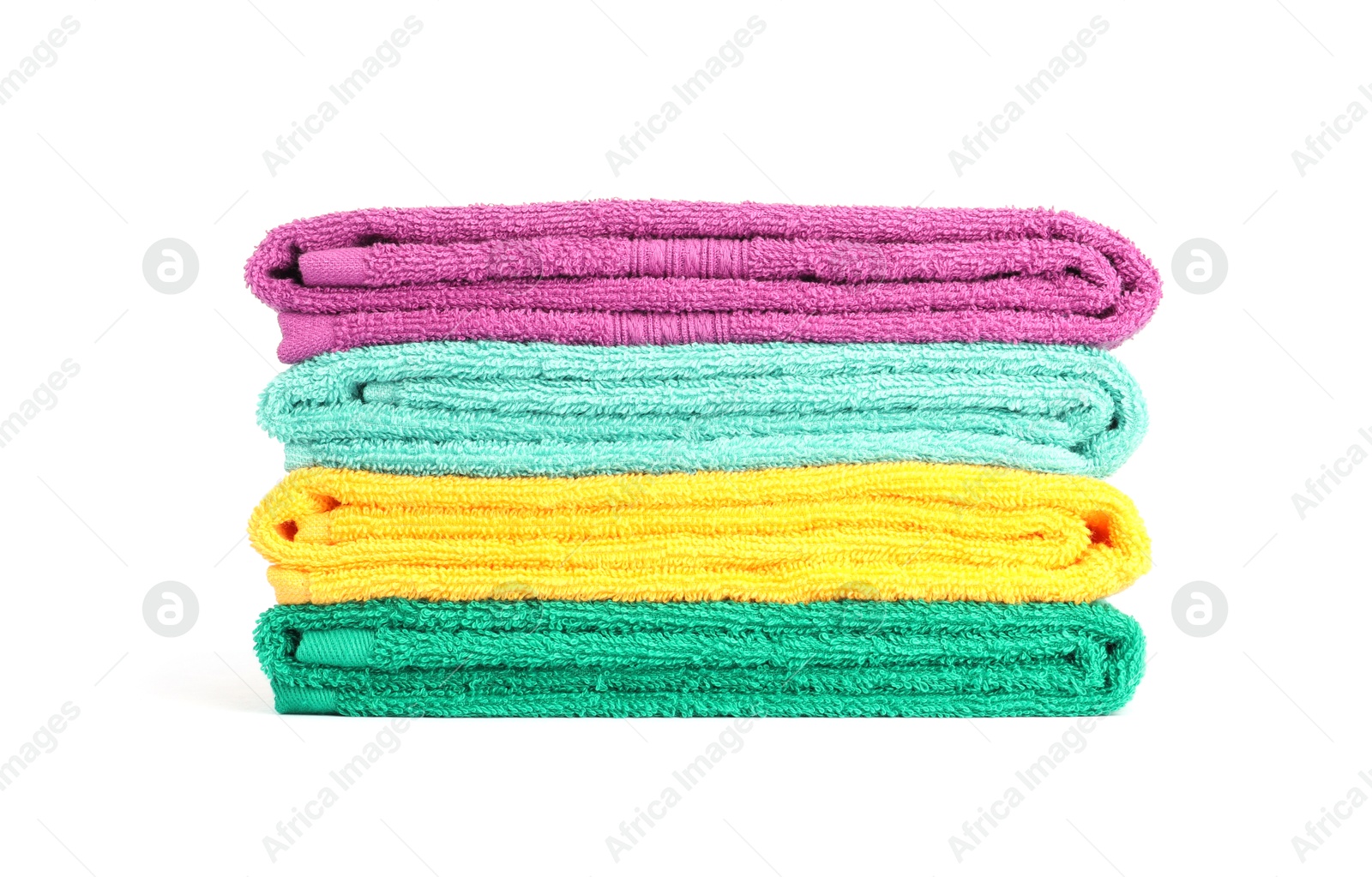 Photo of Stack of bright terry towels isolated on white