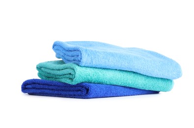 Photo of Stack of bright terry towels isolated on white