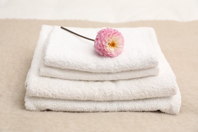 Photo of Stack of white terry towels and dahlia flower on beige blanket, closeup
