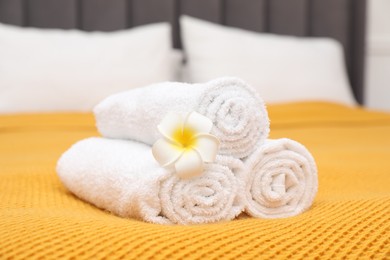 Photo of Rolled white terry towels and plumeria flower on bed indoors, closeup