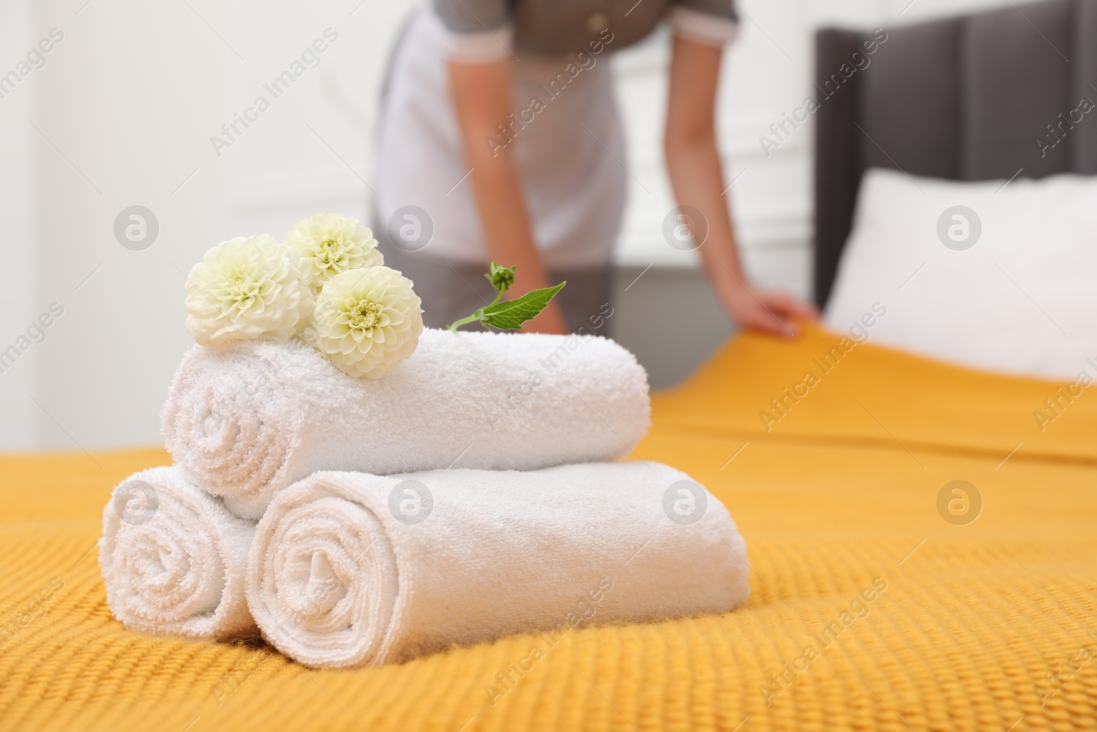 Photo of Chambermaid working in hotel room, focus on rolled terry towels and dahlia flowers on bed