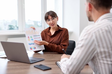 Photo of Consultant working with client at table in office. Business meeting