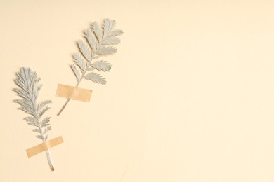 Photo of Beautiful dry leaves with adhesive tape on beige background, flat lay. Space for text