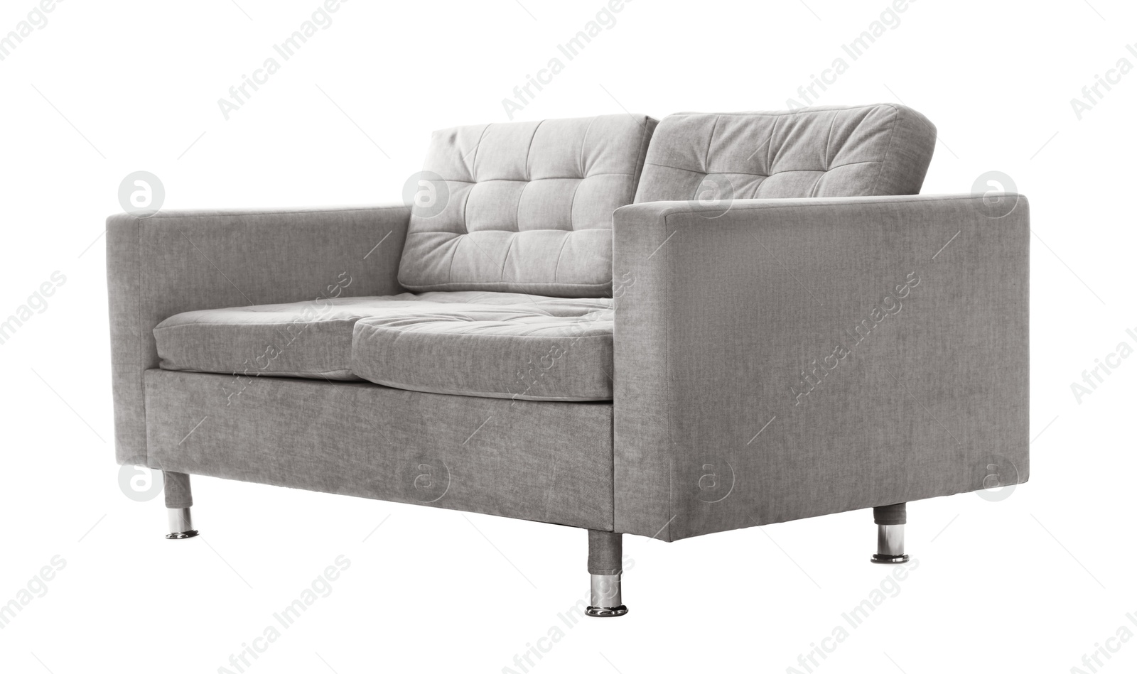 Photo of Comfortable gray sofa isolated on white. Used stuff