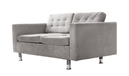 Photo of Comfortable gray sofa isolated on white. Used stuff