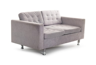 Photo of Comfortable gray sofa isolated on white. Used stuff