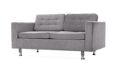 Photo of Comfortable gray sofa isolated on white. Used stuff
