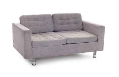 Photo of Comfortable gray sofa isolated on white. Used stuff