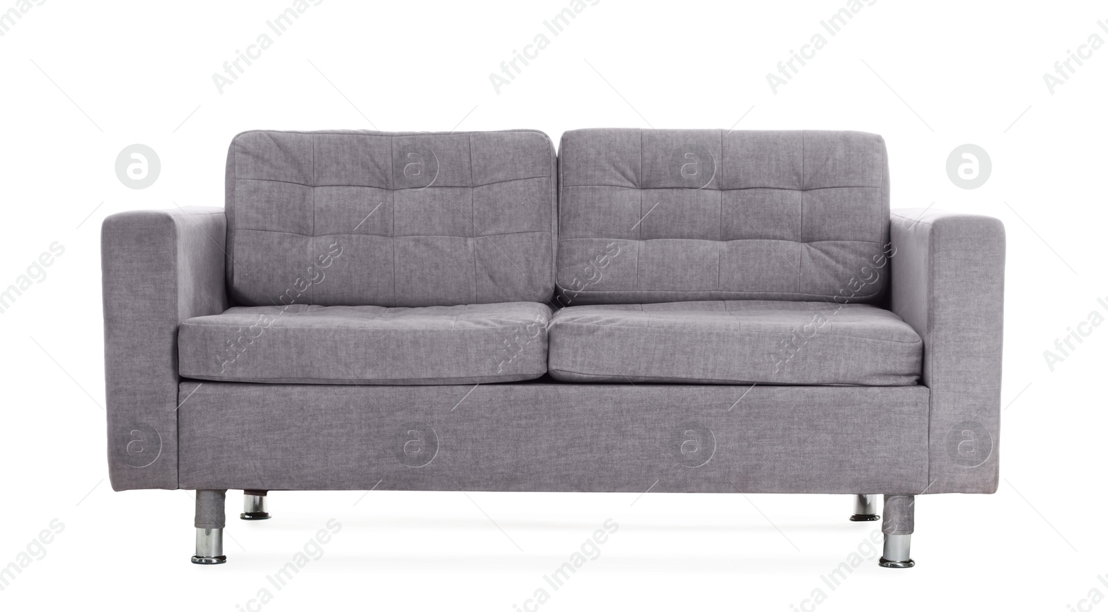 Photo of Comfortable gray sofa isolated on white. Used stuff