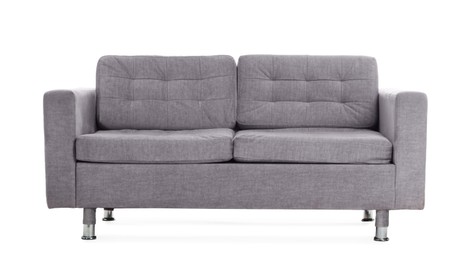 Photo of Comfortable gray sofa isolated on white. Used stuff