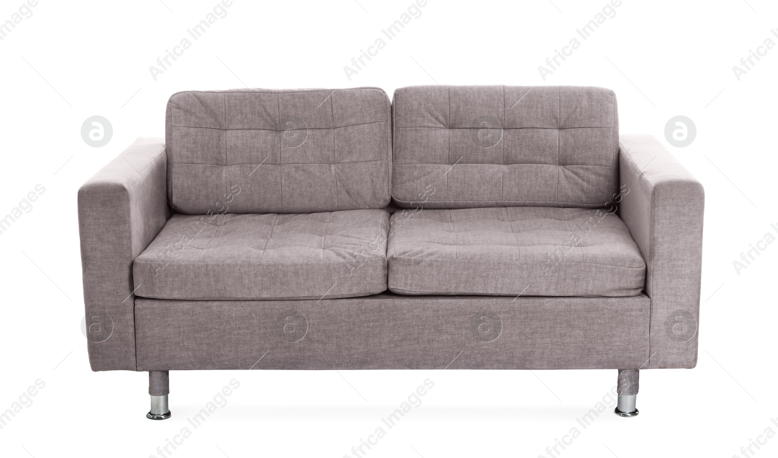 Photo of Comfortable gray sofa isolated on white. Used stuff