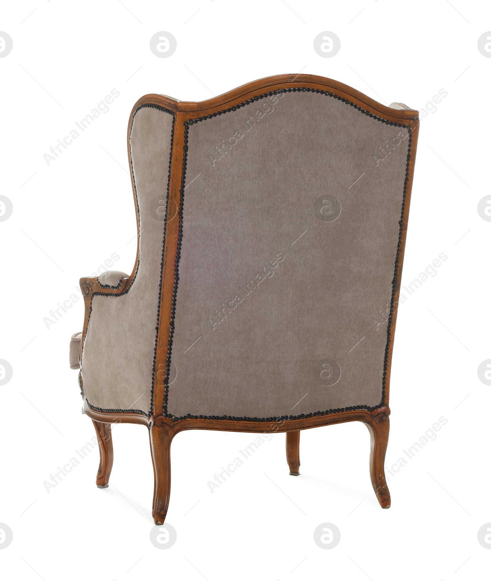 Photo of One stylish armchair isolated on white, back view. Used stuff