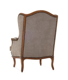 Photo of One stylish armchair isolated on white, back view. Used stuff
