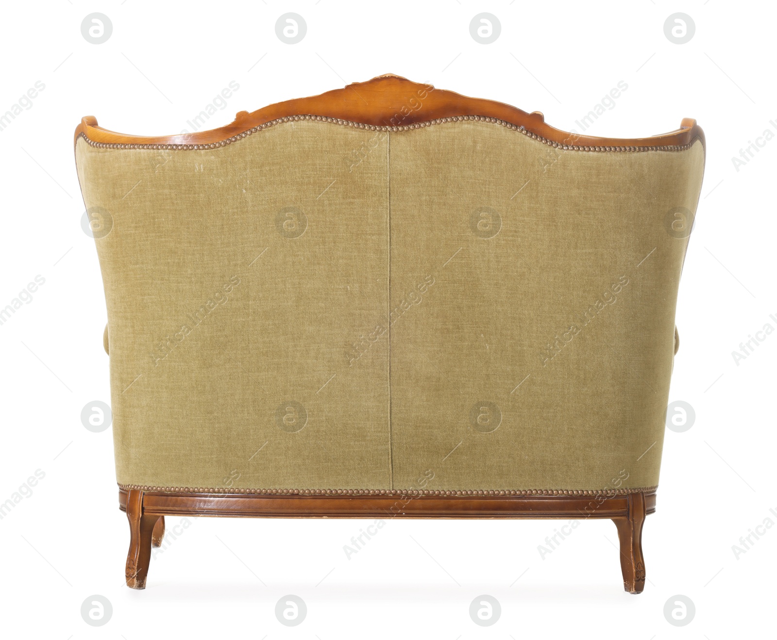 Photo of One stylish sofa isolated on white, back view. Used stuff