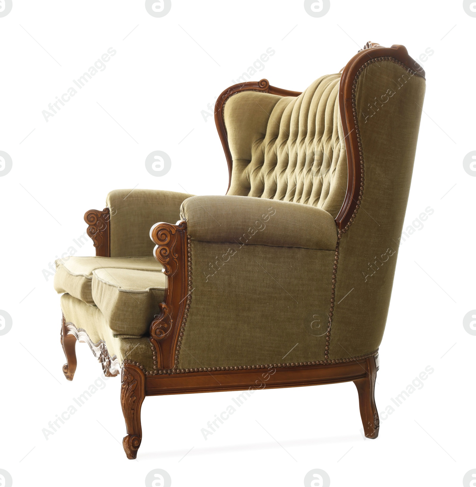 Photo of One stylish sofa isolated on white. Used stuff