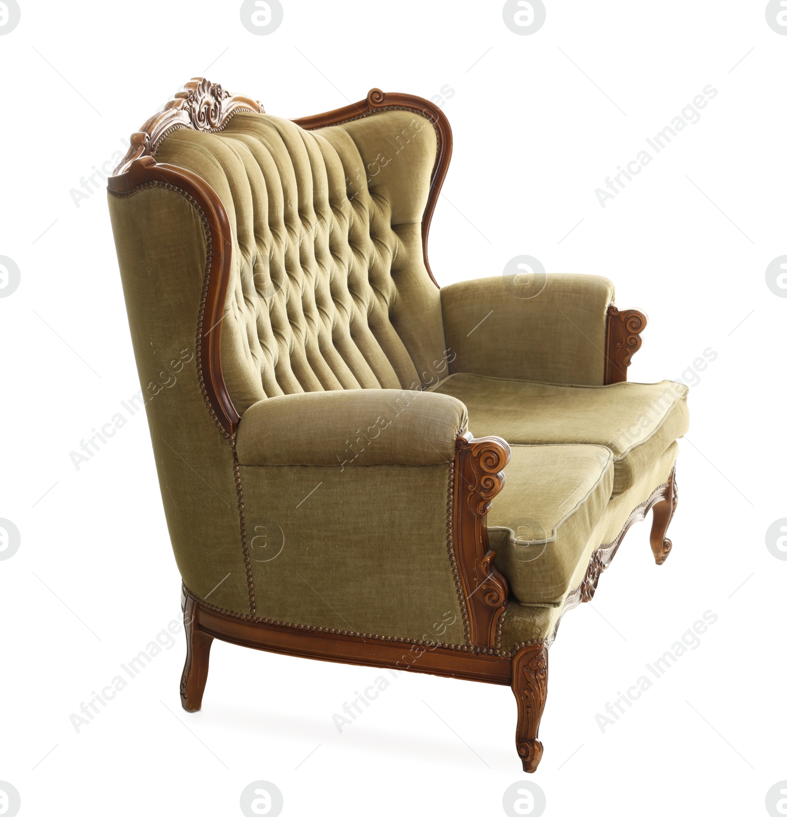 Photo of One stylish sofa isolated on white. Used stuff