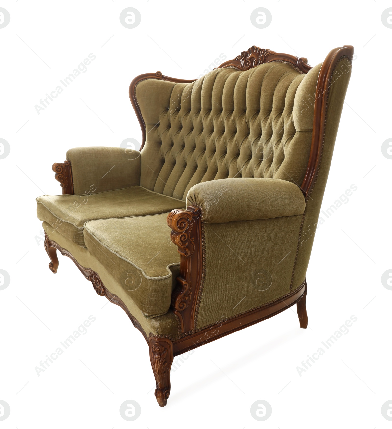 Photo of One stylish sofa isolated on white. Used stuff