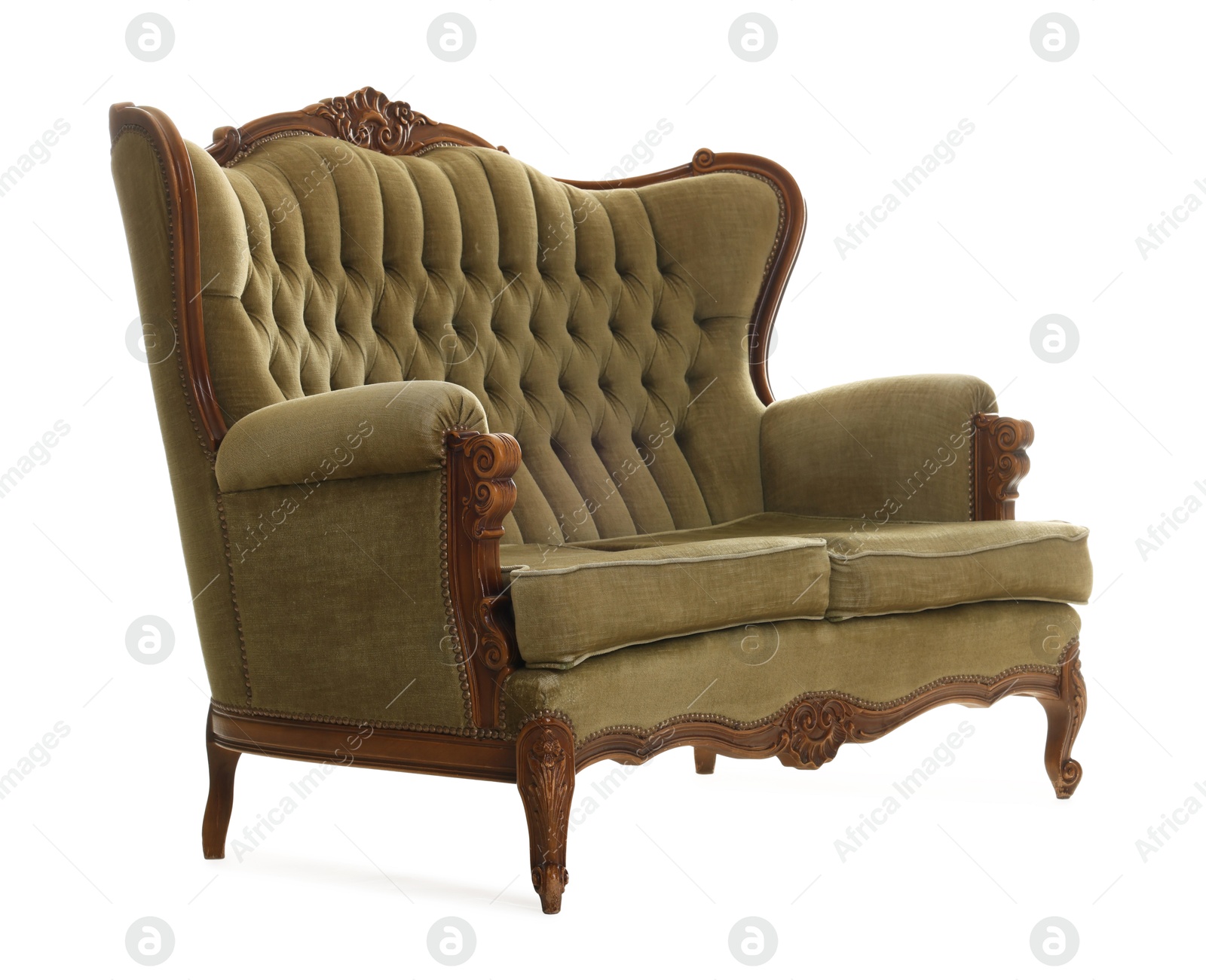 Photo of One stylish sofa isolated on white. Used stuff
