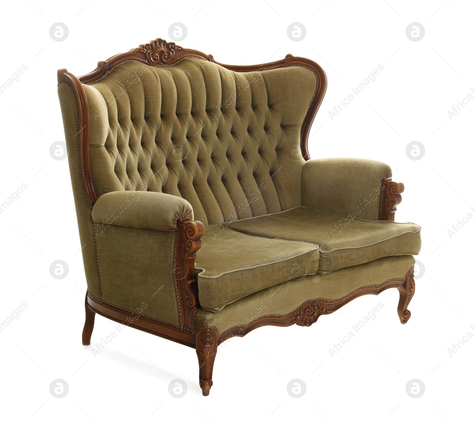 Photo of One stylish sofa isolated on white. Used stuff