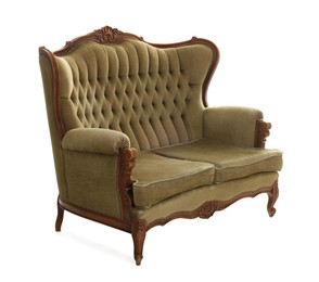 Photo of One stylish sofa isolated on white. Used stuff