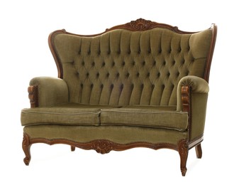 Photo of One stylish sofa isolated on white. Used stuff