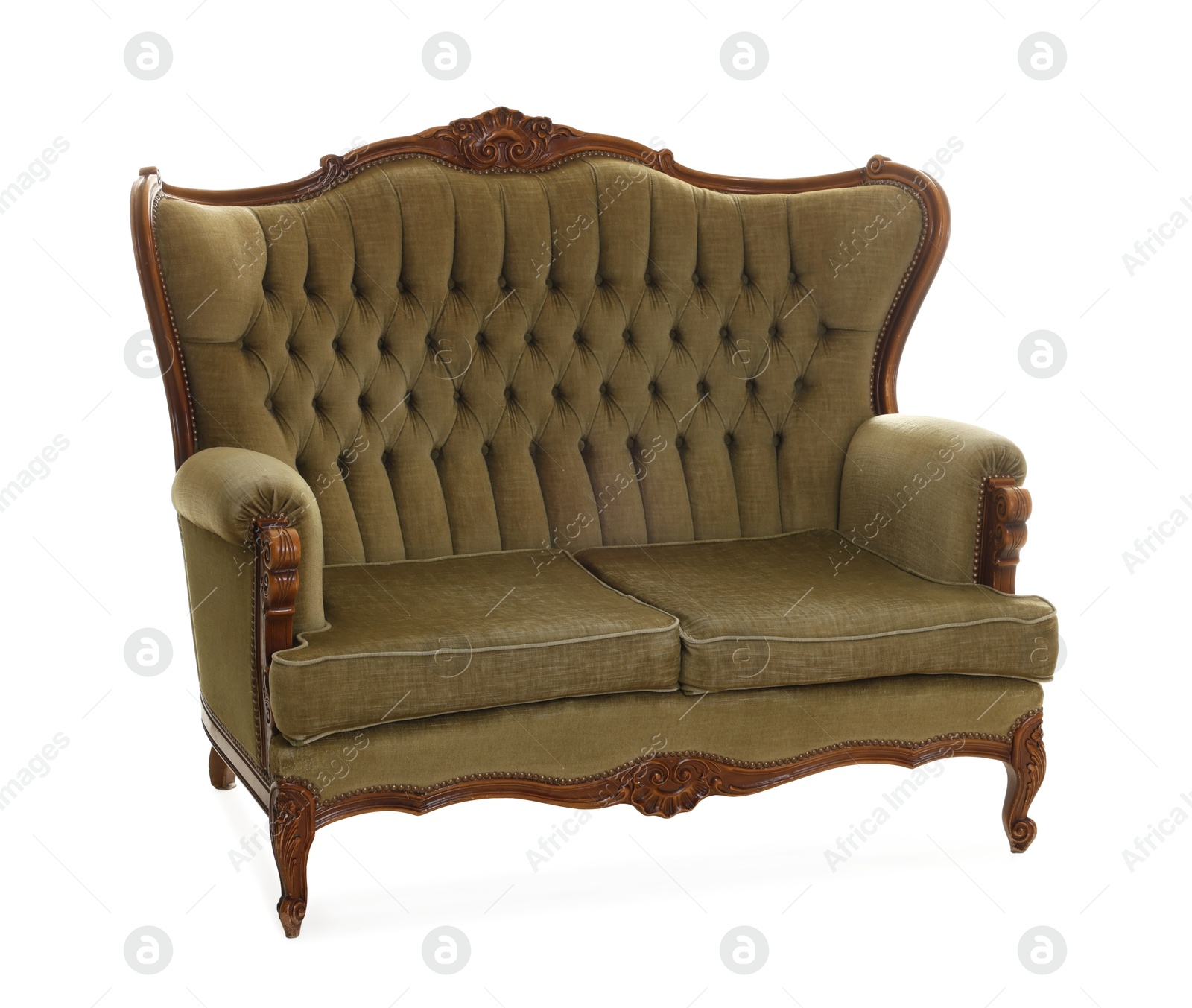 Photo of One stylish sofa isolated on white. Used stuff