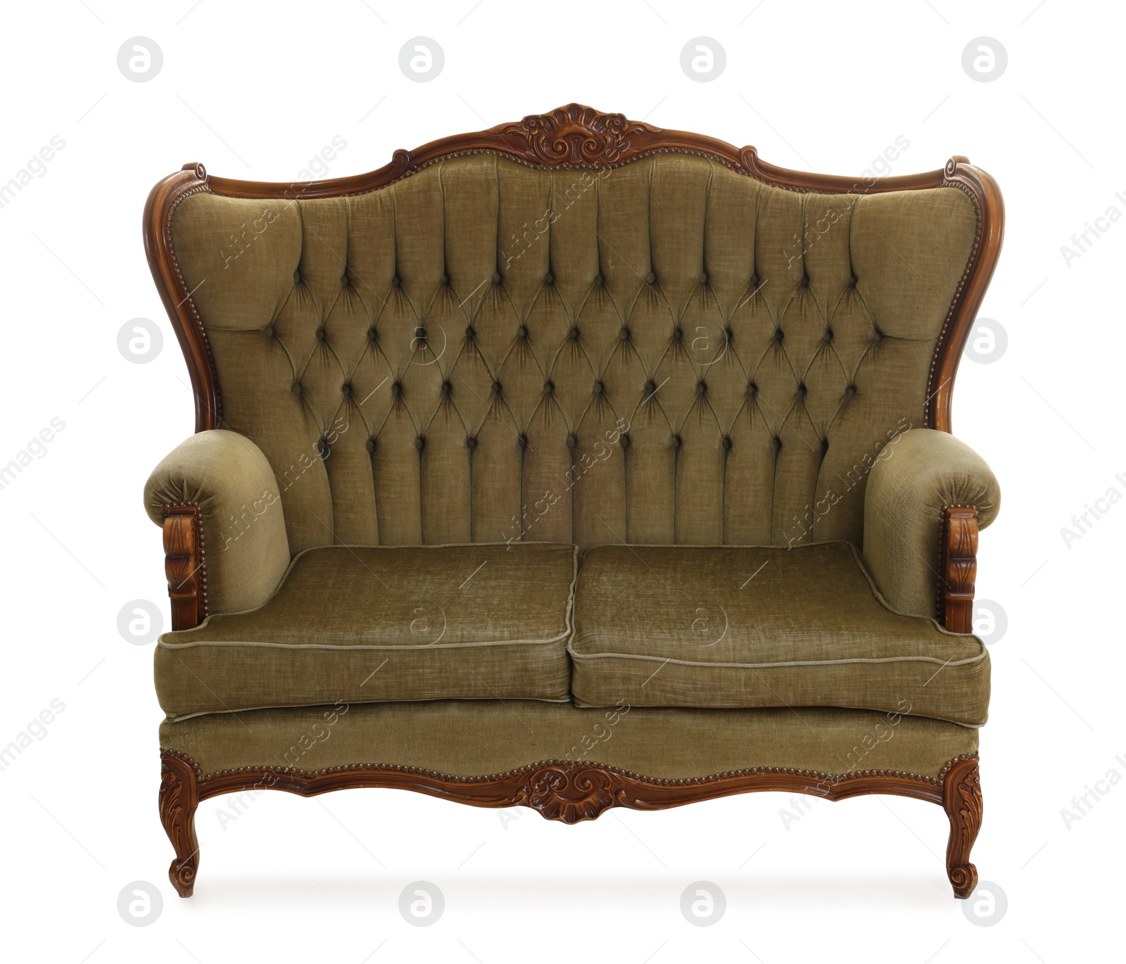 Photo of One stylish sofa isolated on white. Used stuff