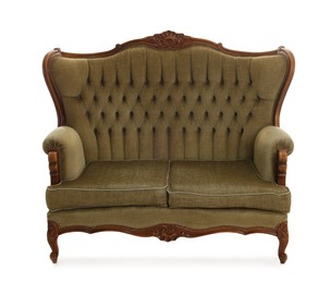 Photo of One stylish sofa isolated on white. Used stuff