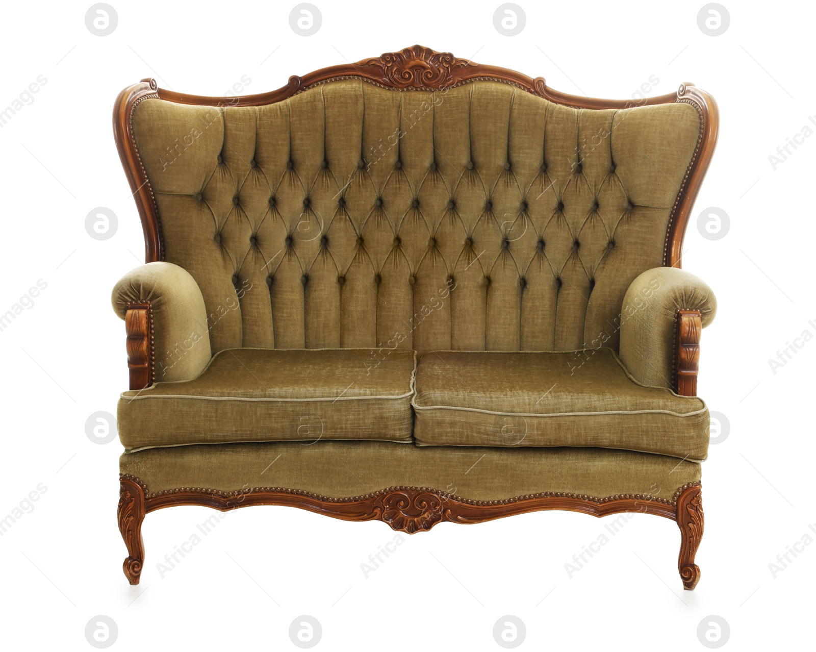 Photo of One stylish sofa isolated on white. Used stuff