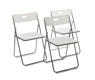 Photo of Many stylish chairs isolated on white. Used stuff