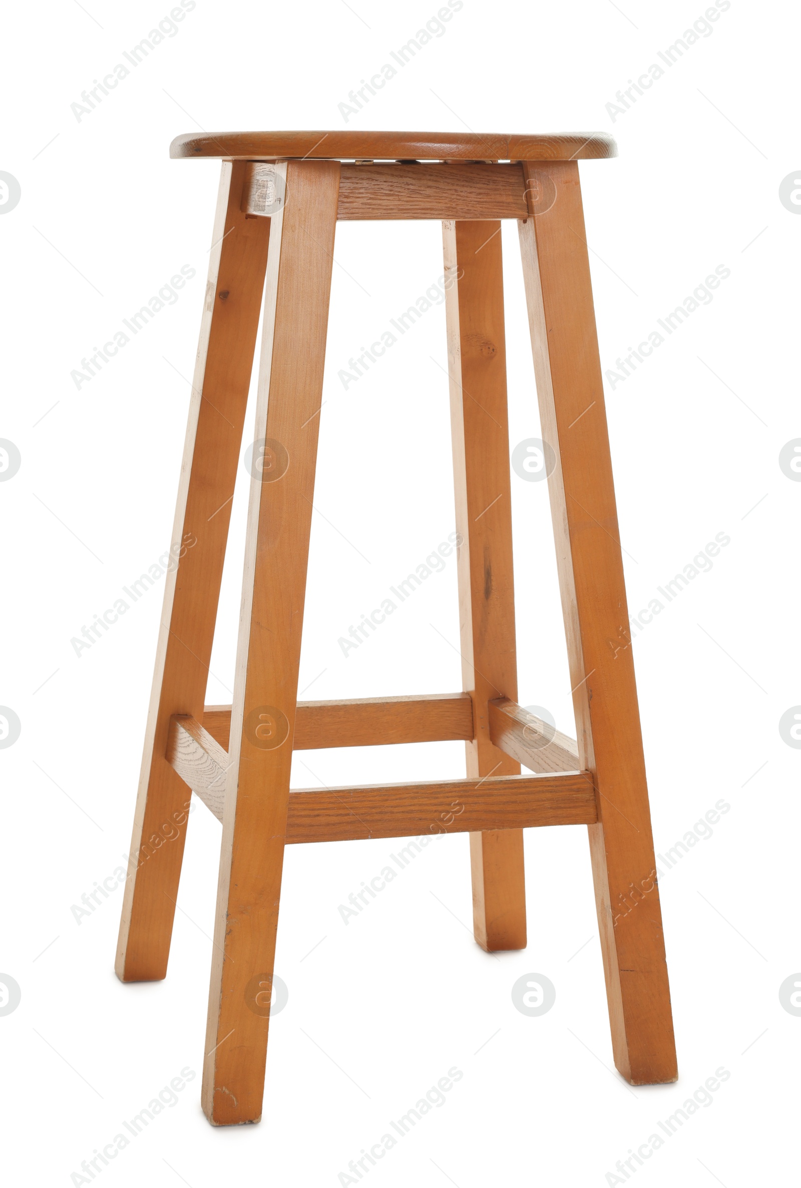 Photo of Wooden bar stool isolated on white. Used stuff