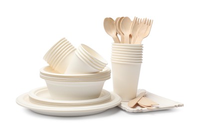 Photo of Set of disposable tableware isolated on white