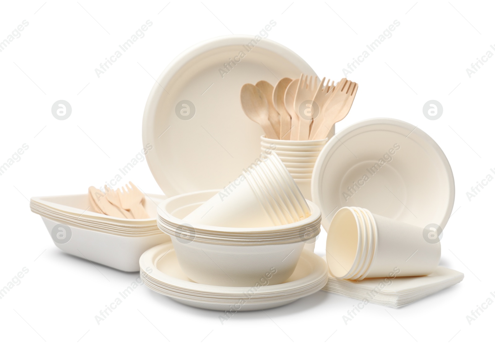 Photo of Set of disposable tableware isolated on white