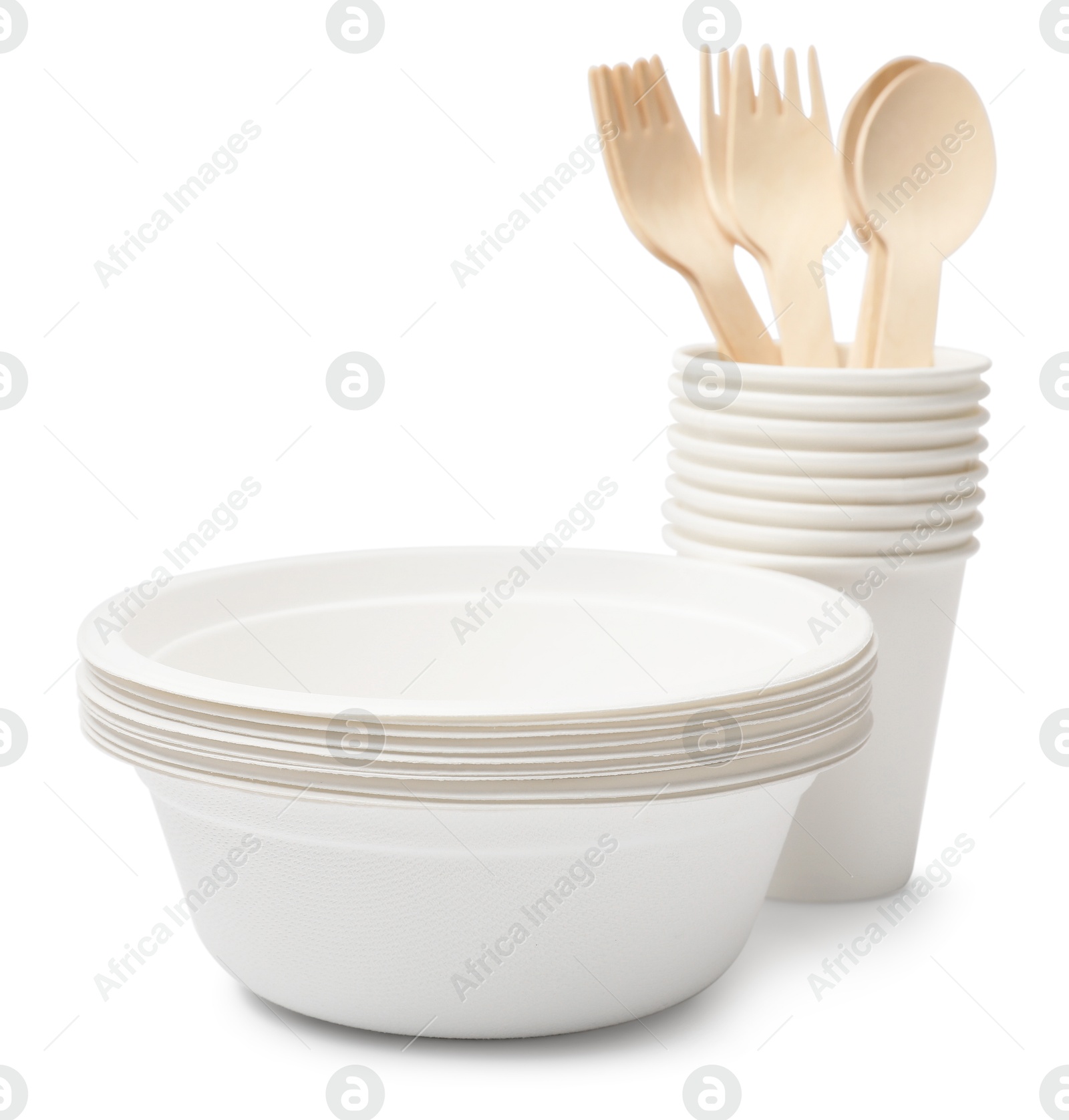 Photo of Set of disposable tableware isolated on white