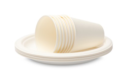 Photo of Disposable plates and cups isolated on white