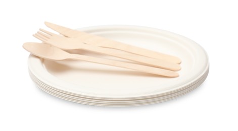 Photo of Disposable plates and cutlery isolated on white