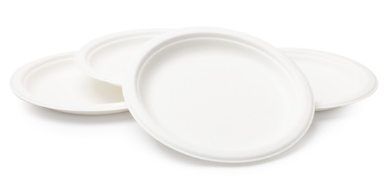 Photo of Many different disposable plates isolated on white