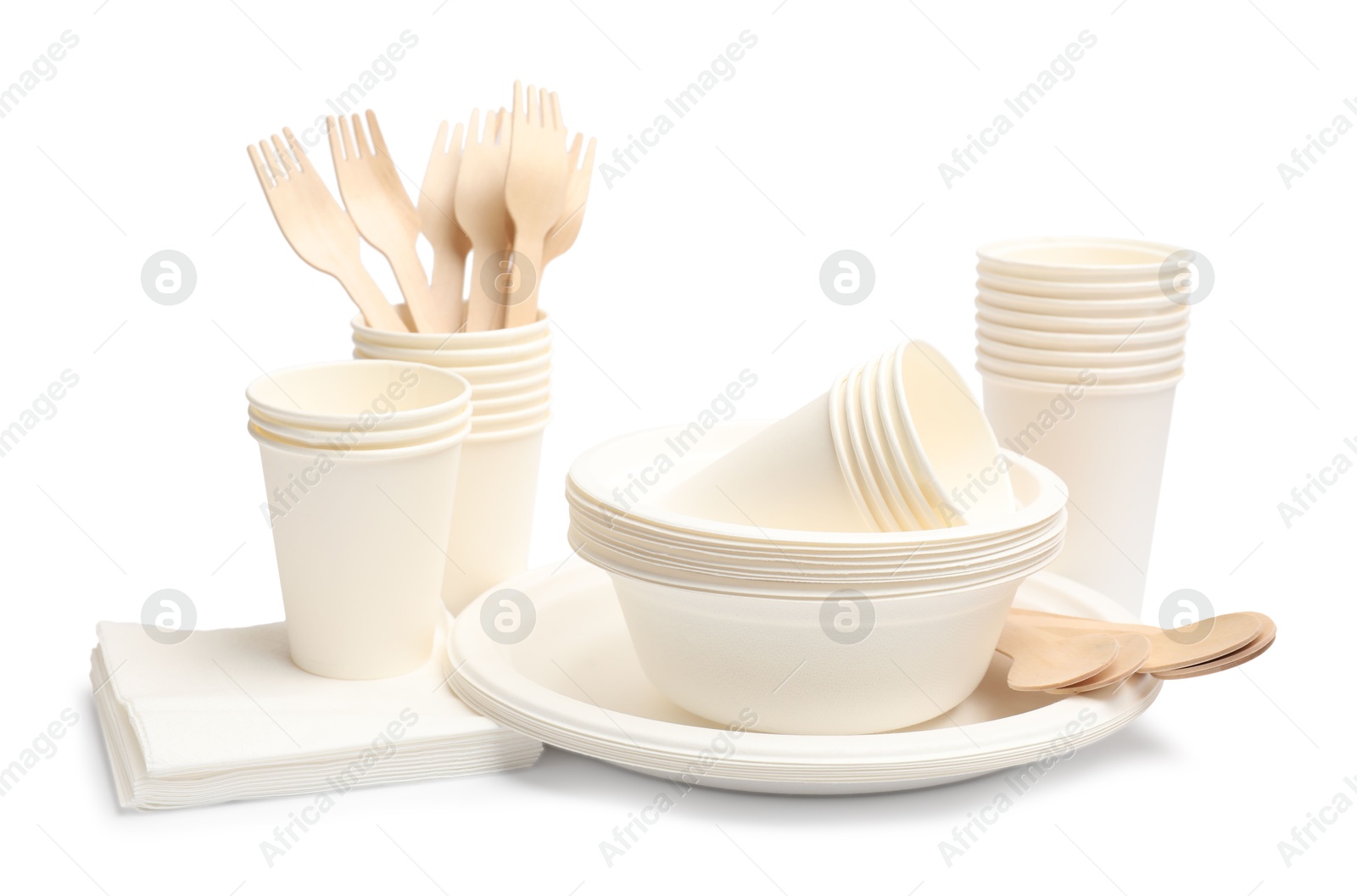Photo of Set of disposable tableware isolated on white