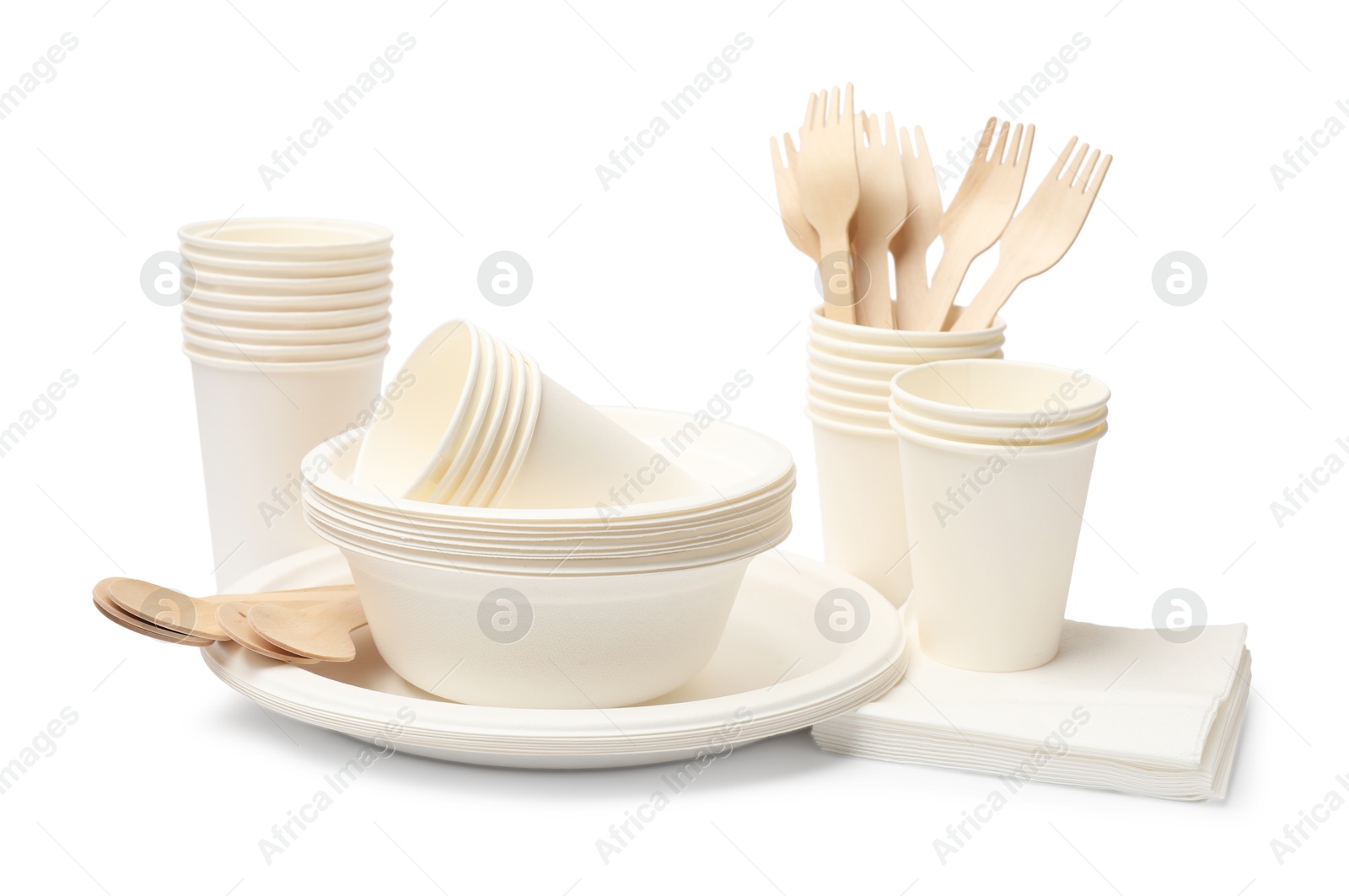 Photo of Set of disposable tableware isolated on white