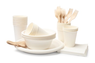 Photo of Set of disposable tableware isolated on white