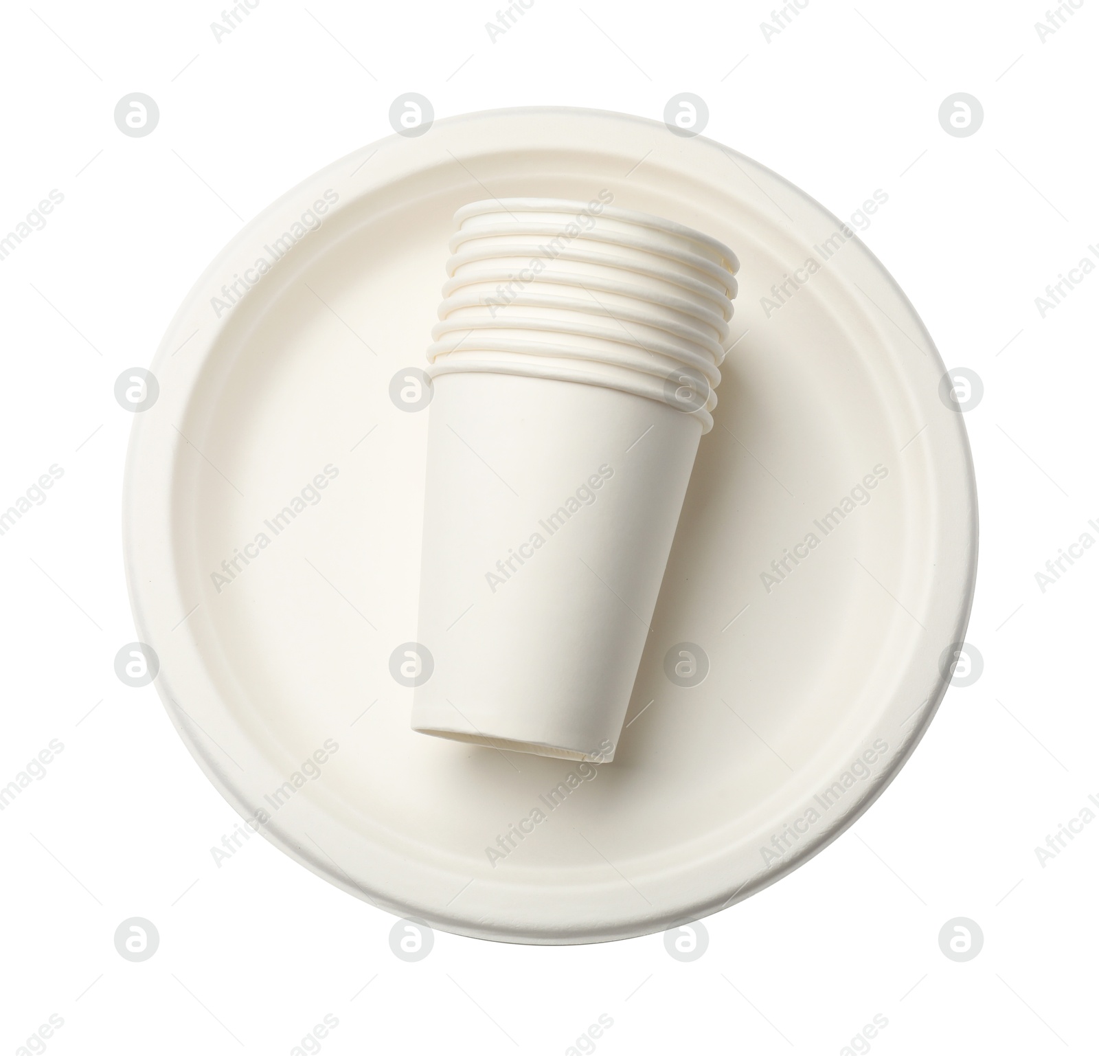Photo of Disposable plates and cups isolated on white, top view