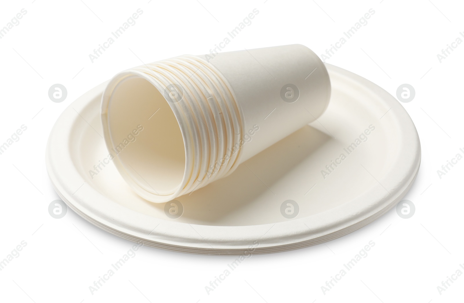 Photo of Disposable plates and cups isolated on white