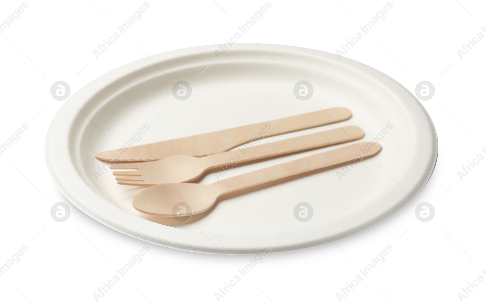 Photo of Disposable plate and cutlery isolated on white